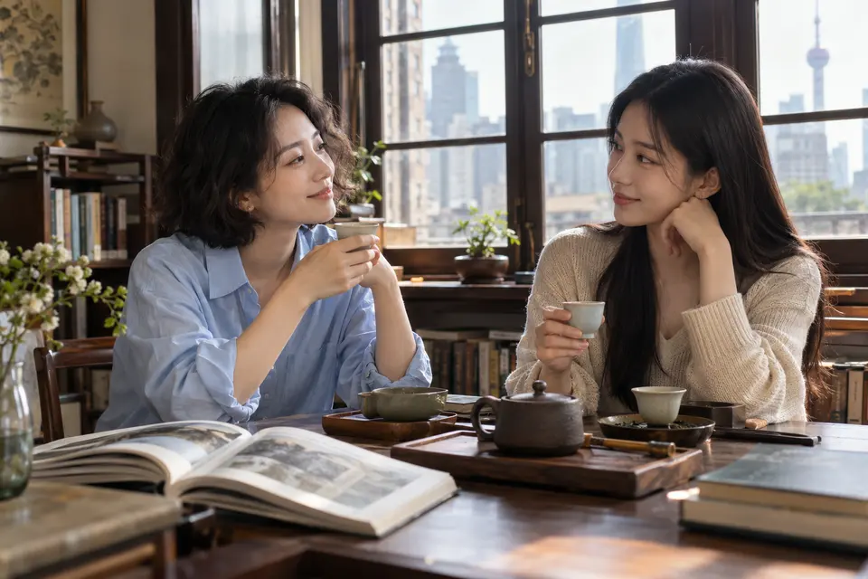 城市茶席间的年轻女性与友人围坐交流，桌面摆放茶具与读物