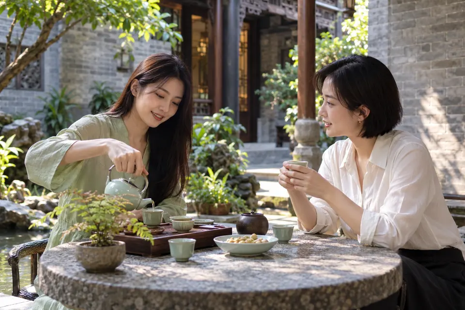 岭南庭院中，年轻女性持青瓷壶为茶友倒茶