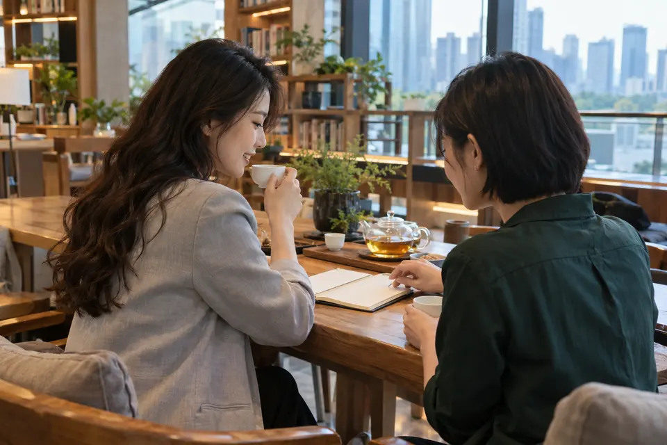 共享书房内，年轻女性与茶友交流并做记录